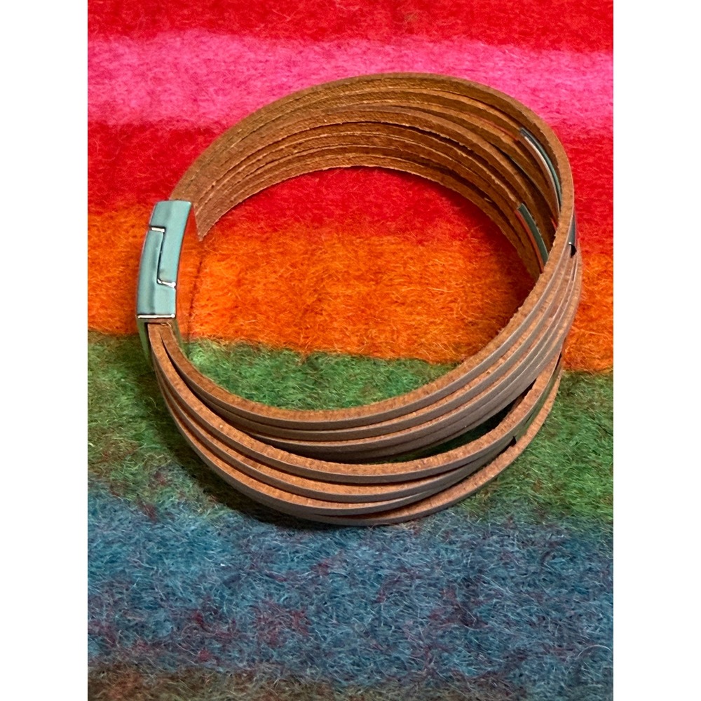 Grey Multi Strand Leather Wrap Bracelet Silver Bar Accents Magnetic Clasp 6.25in - Picture 3 of 7